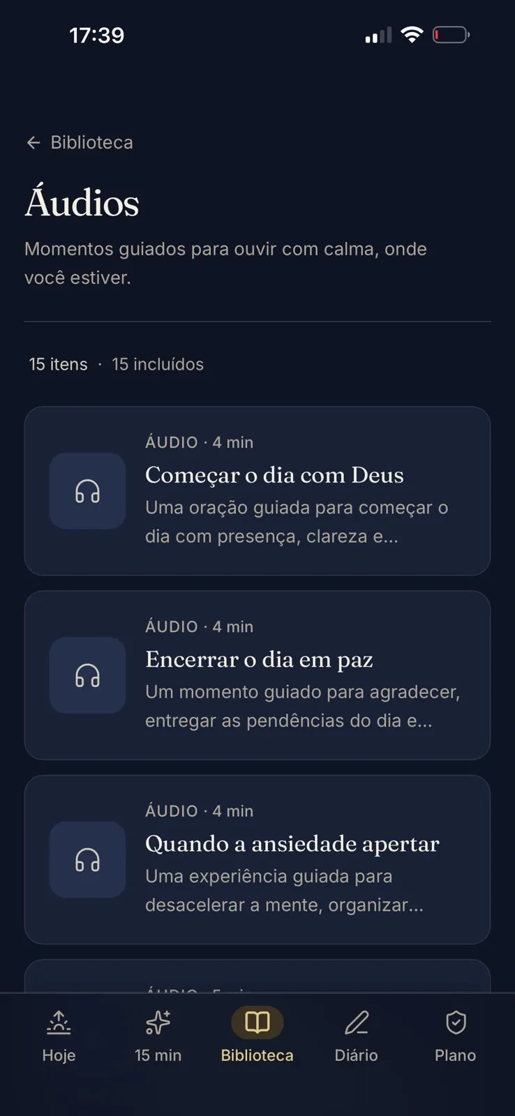 Tela Áudios do aplicativo