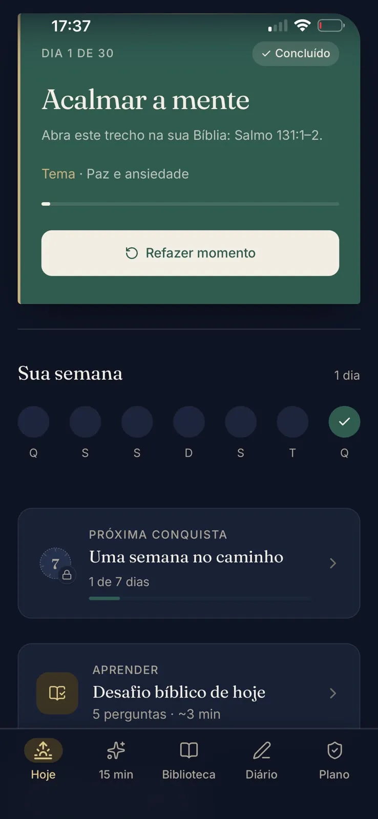 Tela Hoje do aplicativo 15 Minutos por Dia com Deus