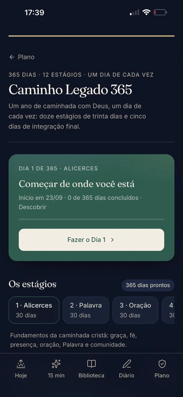 Tela Caminho Legado 365 do aplicativo
