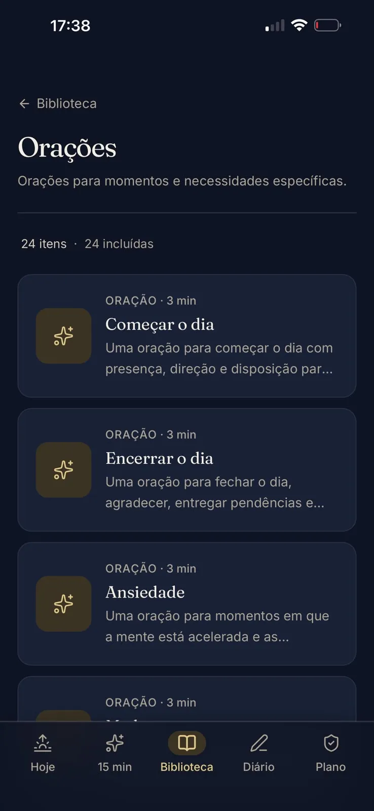 Tela Orações do aplicativo