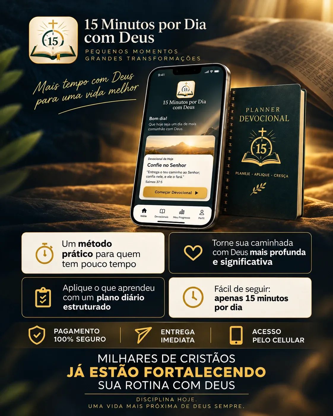 Planner Devocional — complemento do aplicativo 15 Minutos por Dia com Deus. Um método prático para quem tem pouco tempo; torne sua caminhada com Deus mais profunda e significativa; aplique o que aprendeu com um plano diário estruturado; fácil de seguir: apenas 15 minutos por dia. Pagamento 100% seguro, entrega imediata e acesso pelo celular.